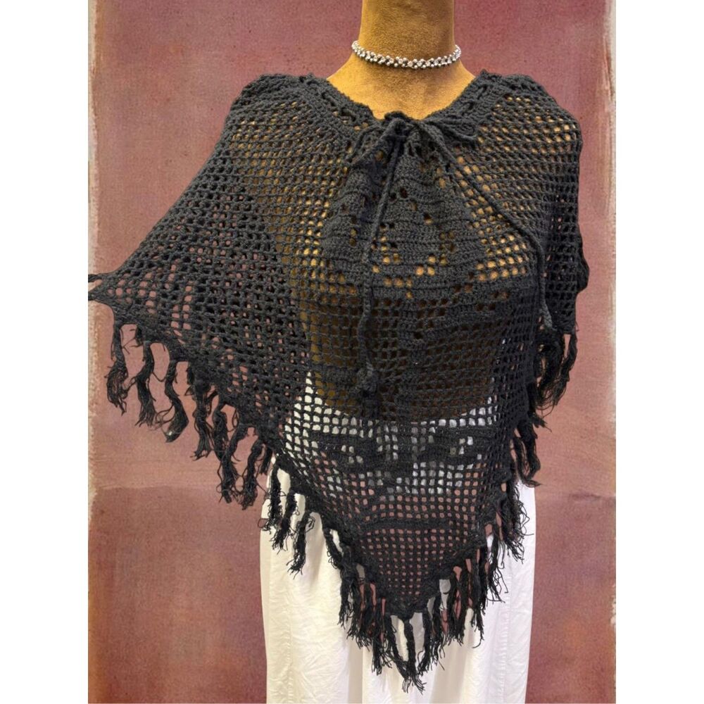 Vintage Whimsigoth Y2K Fairy Festival Crochet Rave Black Fringe Poncho